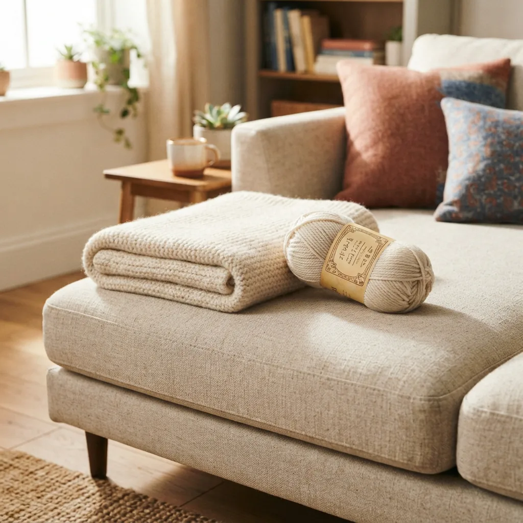 An acrylic yarn label detail next to a soft, folded finished blanket, implying easy care.