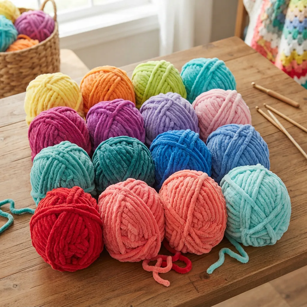 A multi-pack of Sweet Snuggles yarn showcasing several bright, colorful skeins.