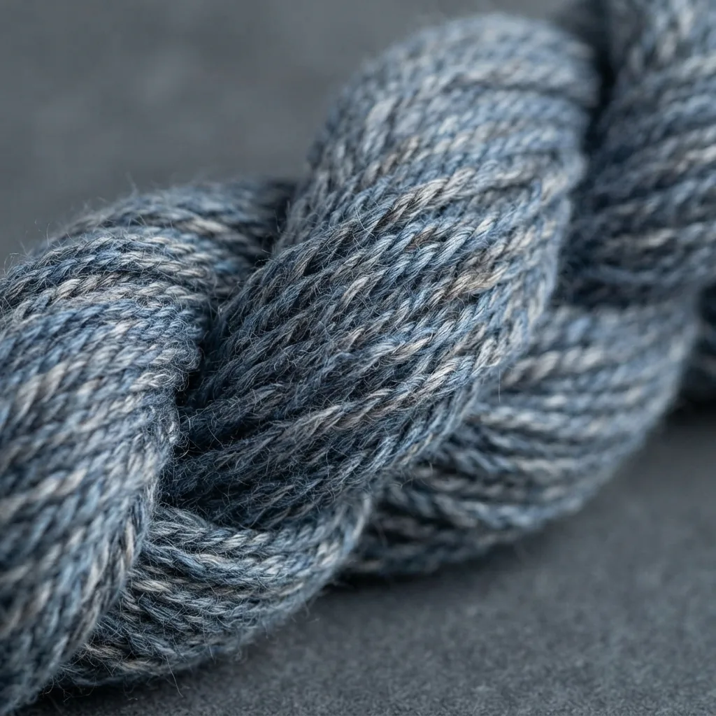 A skein of Loops & Threads Cotton Twist Yarn in a blue-gray marled color, showing the twisted strands clearly.