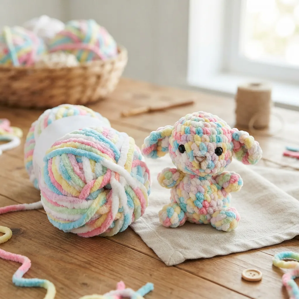 A skein of Marshmallow Twist Chenille yarn