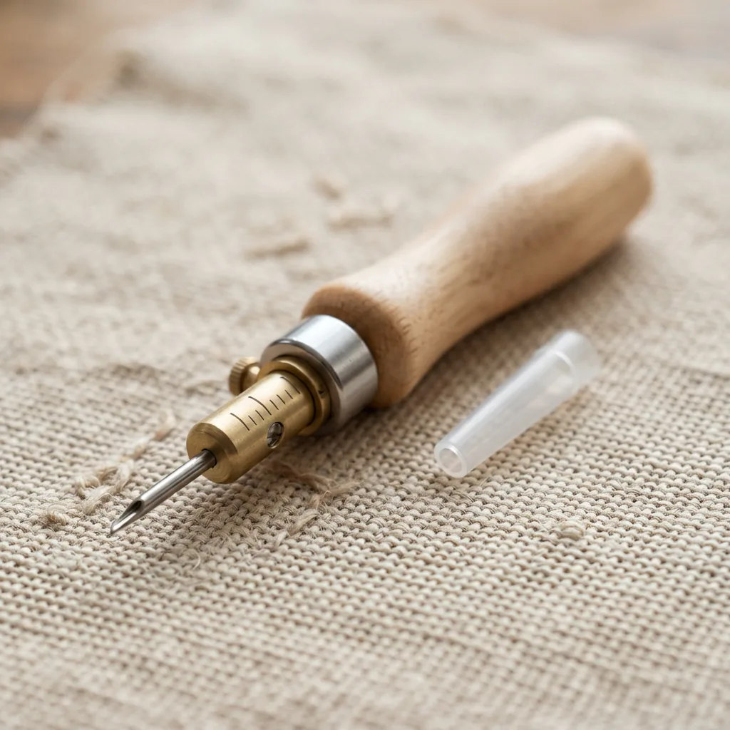 The adjustable punch needle tool with its ergonomic handle and protective cap.