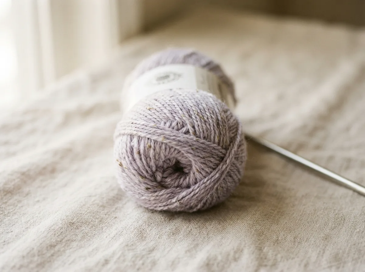 A single skein of Loops And Threads Heathered Tweed Yarn in Lavender Mist on a light, textured fabric.