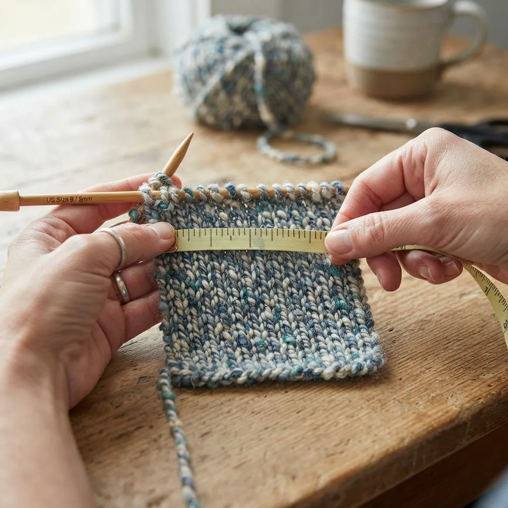 Hands holding knitting needles and a small gauge swatch made from Textured Twist yarn.