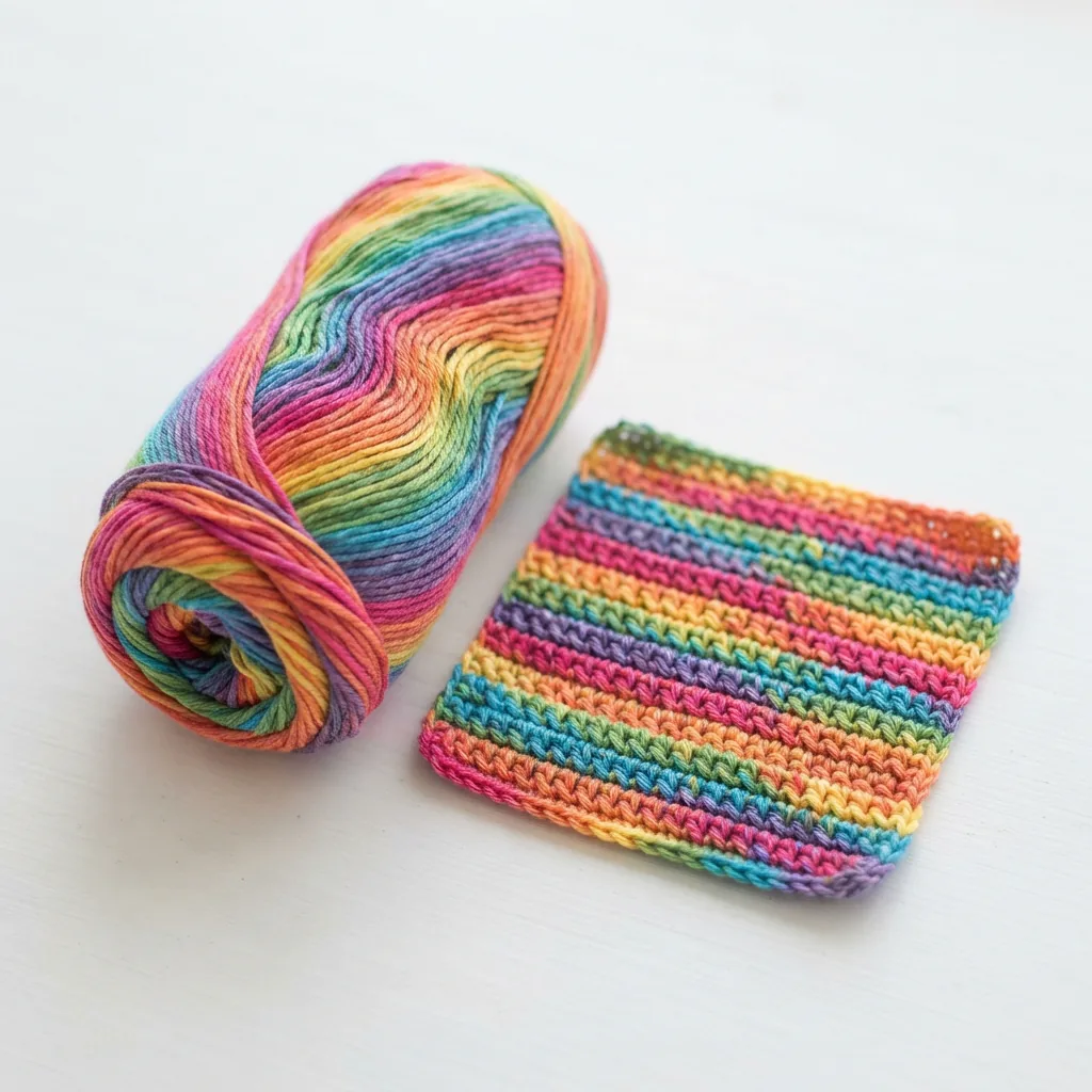 A skein of Loops & Threads Cotton Colors Yarn in a rainbow variegated colorway, with a small crocheted swatch showing the color changes.