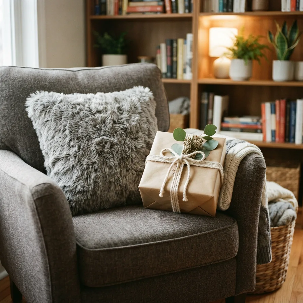 A gray faux fur pillow on an armchair next to a wrapped gift box.