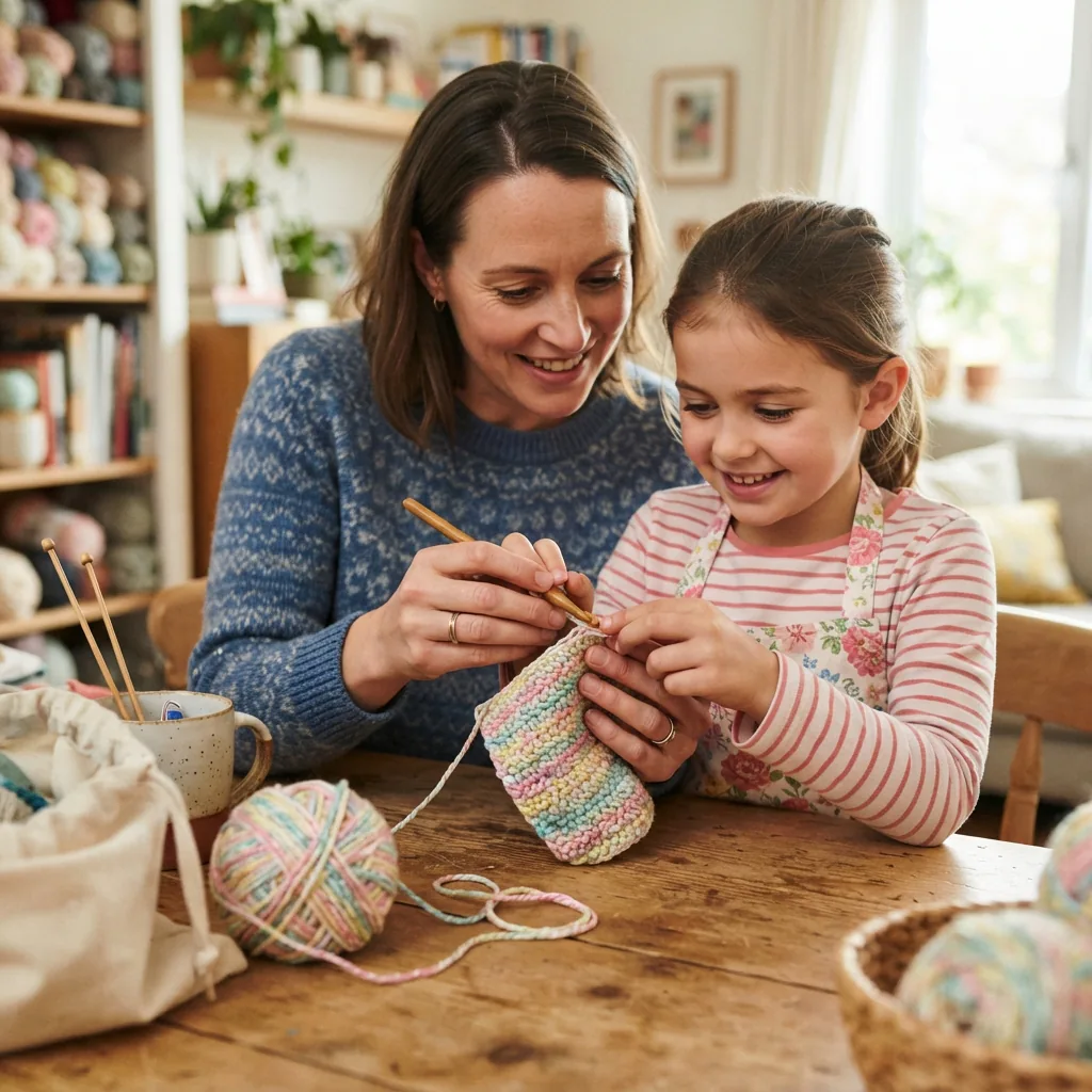 A person teaching a child how to crochet with colorful yarn.