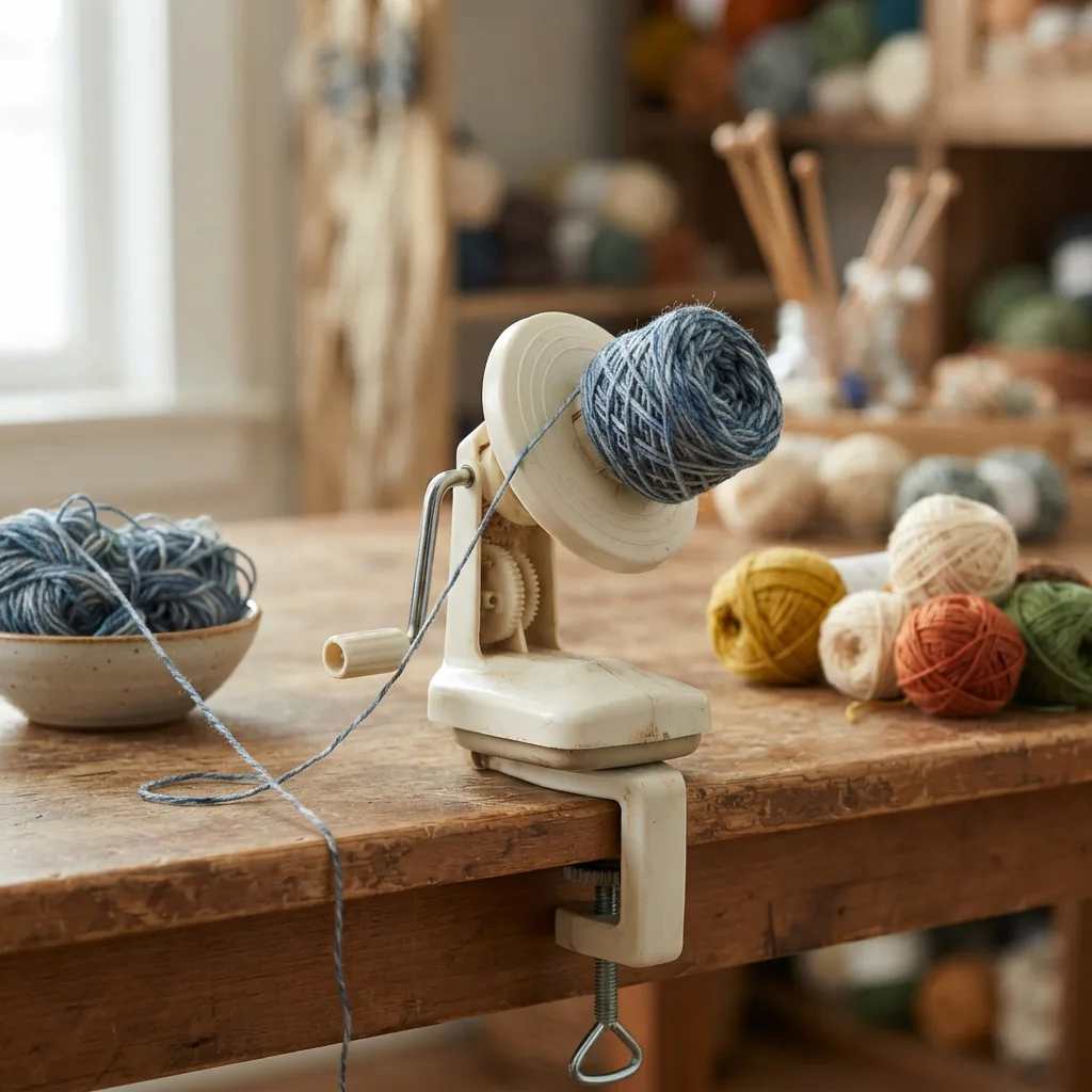 A few small, leftover yarn balls being wound into organized cakes using the yarn winder.