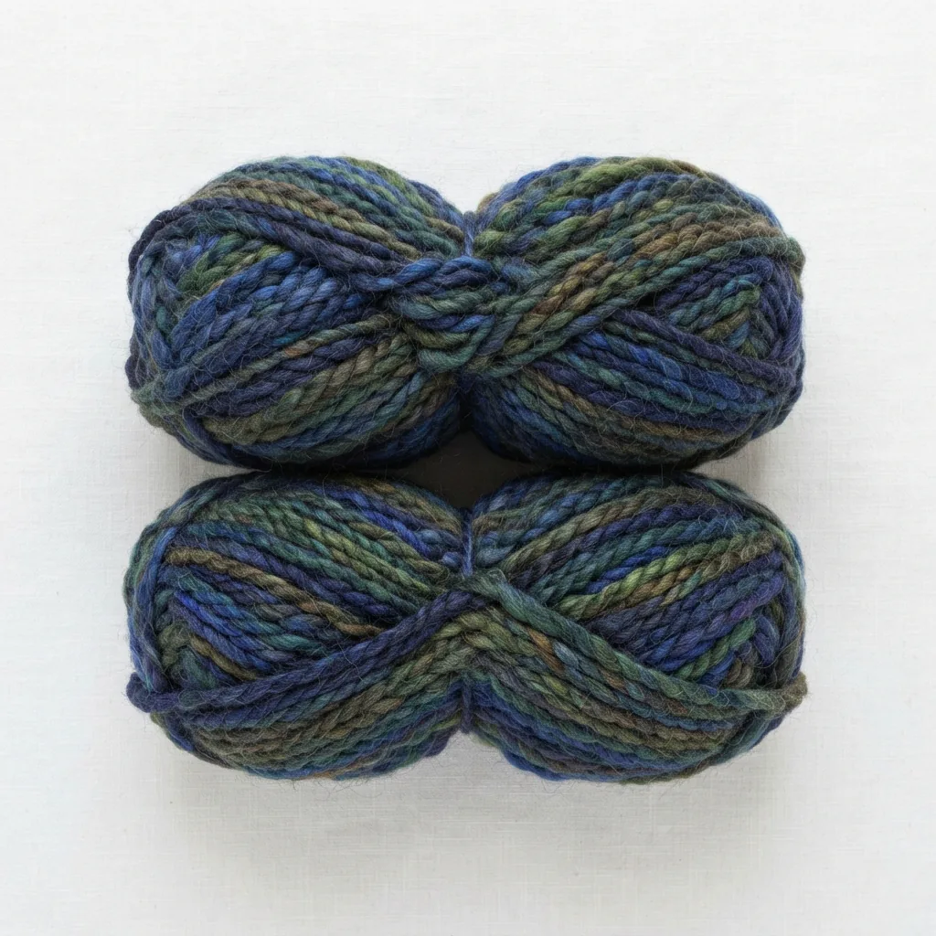 Two skeins of Loops & Threads Country Loom Yarn in the Rich Blues & Landscape color lot.