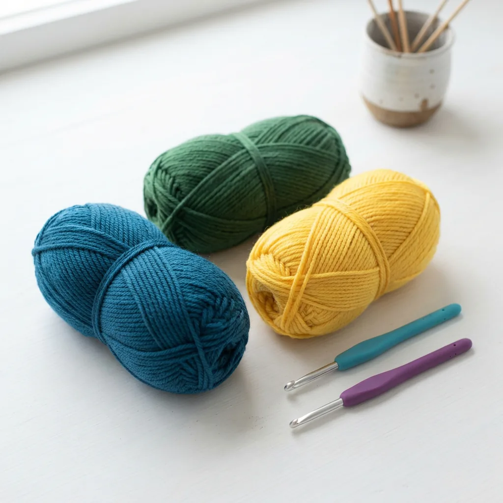 Multiple skeins of Loops & Threads Impeccable Solid Yarn in complementary shades of blue and green, arranged with crochet hooks.