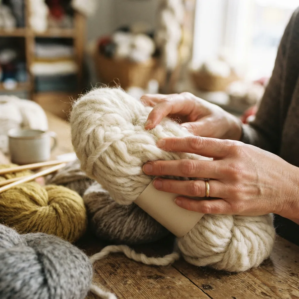 Hands feeling the soft texture of a wool blend yarn skein.
