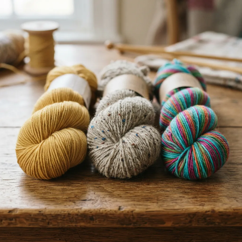 Skeins of yarn in different weights and textures, including solid, tweed, and striped varieties.