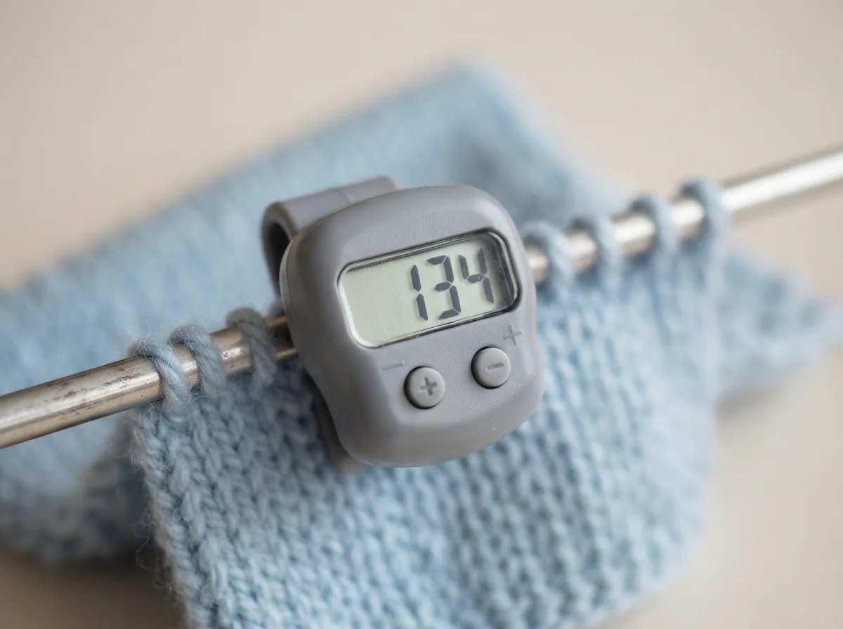 A digital row counter clipped onto knitting needles, displaying a row count.