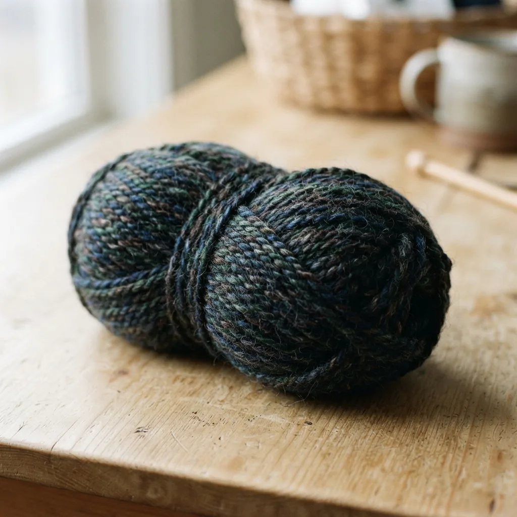 A skein of Loops & Threads Multi Marled yarn in a dark, coastal color blend, shown from a top-down angle to highlight the marled texture.