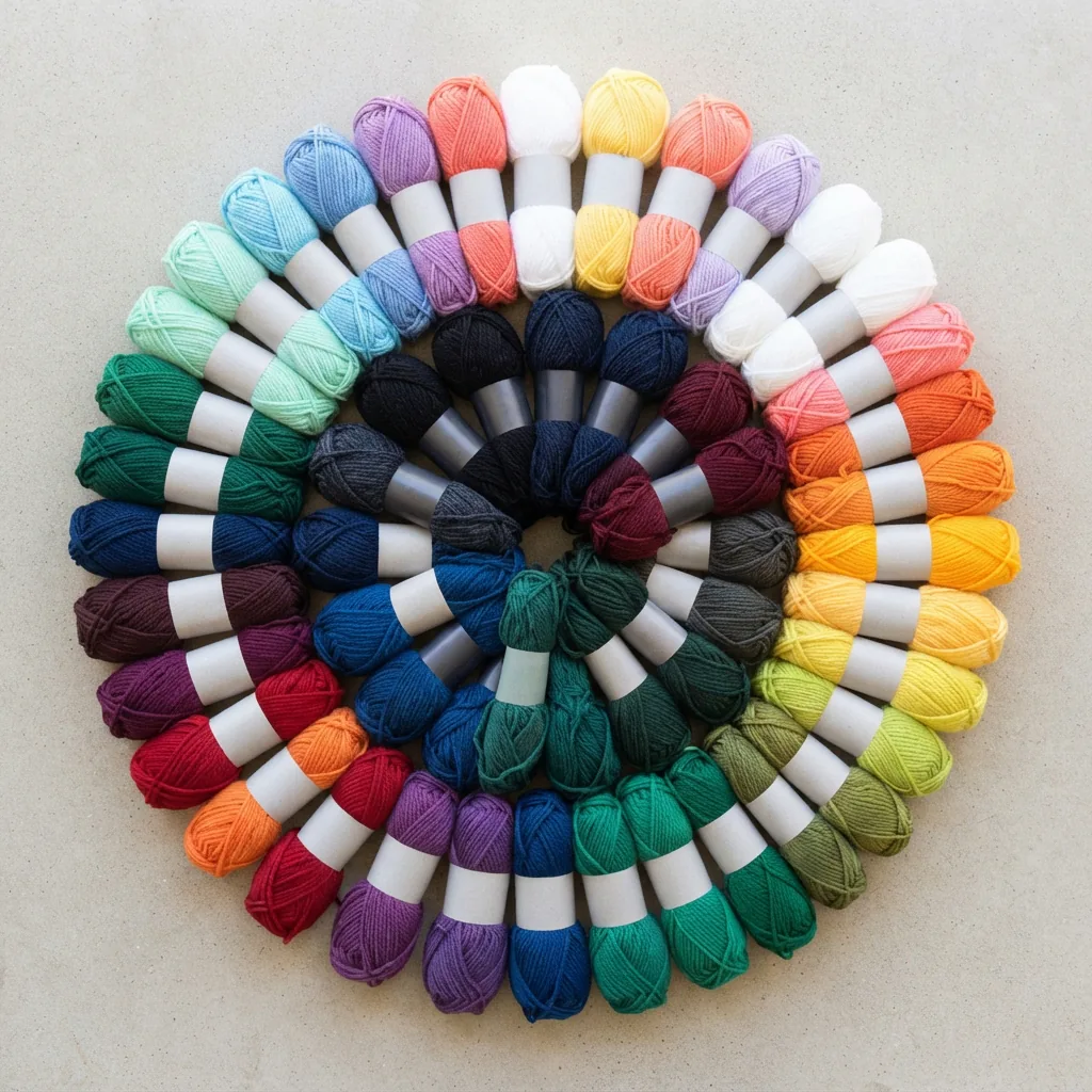 A vibrant fan of colorful yarn skeins arranged in a gradient pattern.