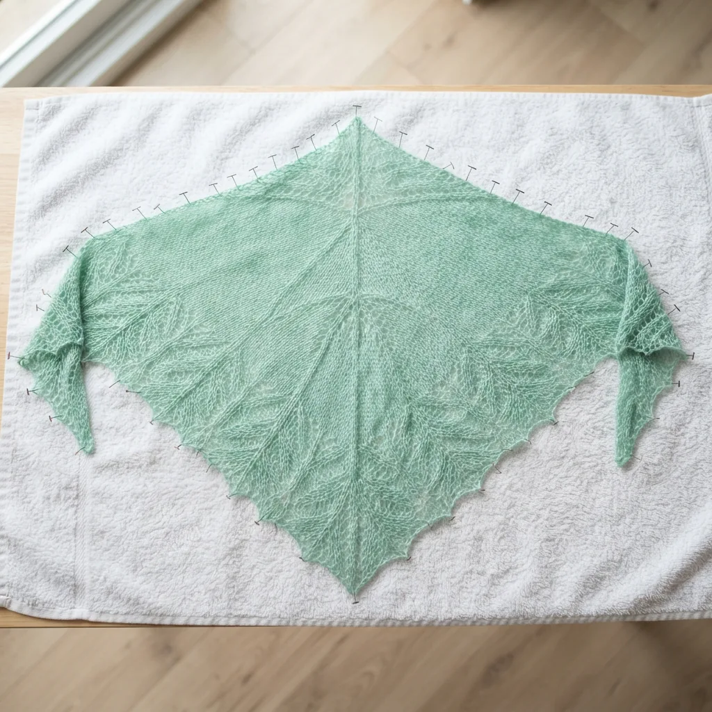 A freshly washed, knitted shawl laid flat on a towel to dry and block into shape.