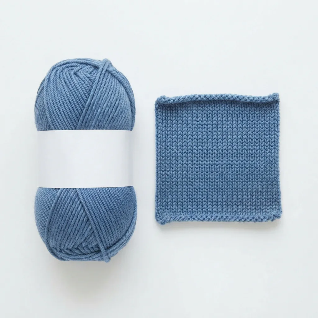 A skein of Blue Dawn yarn shown with a small knitted swatch demonstrating the color.