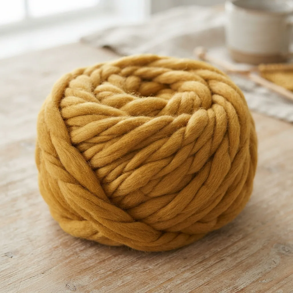 A large skein of Barcelona Roving Yarn in a golden Mustard color.