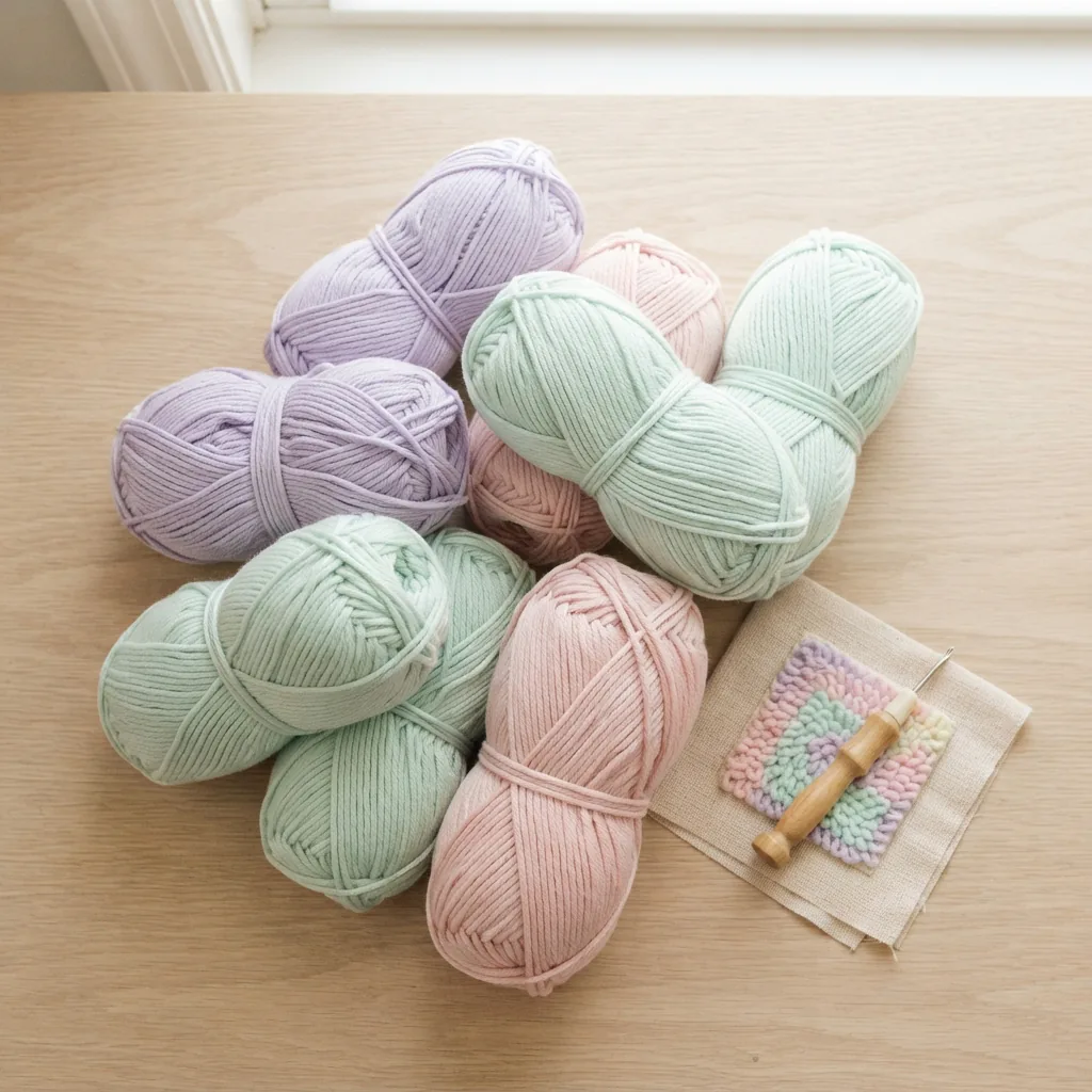 Skeins of pastel-colored Loops & Threads punch needle yarn in soft hues.