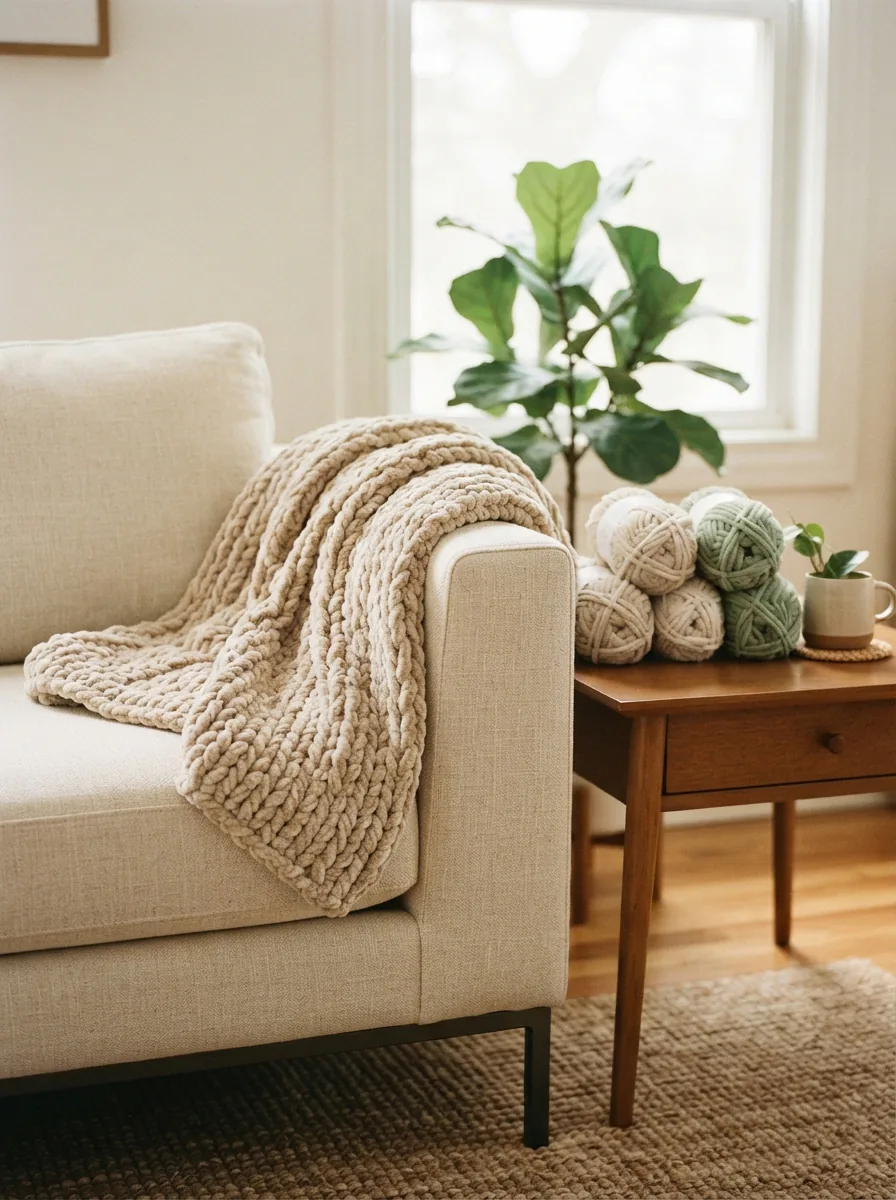 A cozy, textured chenille throw blanket draped over a modern sofa with skeins of yarn arranged artfully beside it.