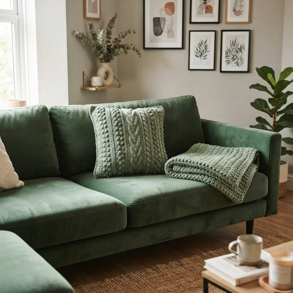 A crocheted throw pillow and a portion of a blanket made from the yarn, on a living room sofa.
