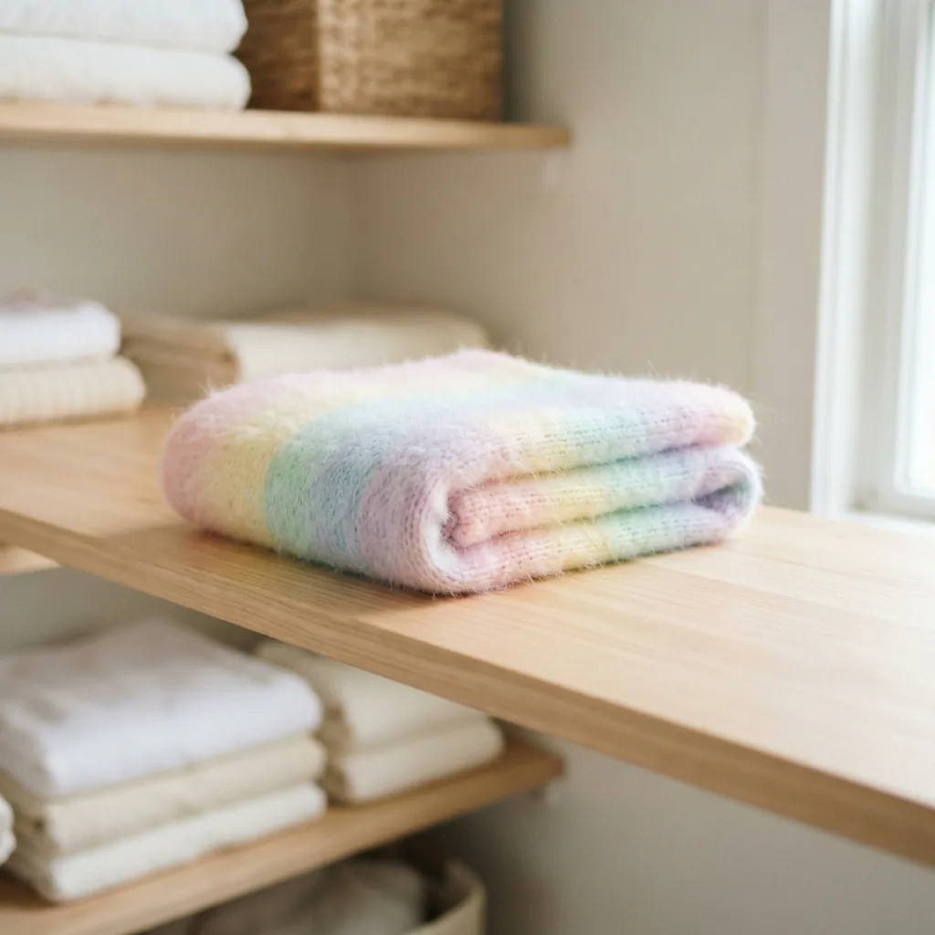 A neatly folded baby blanket made with Brushed Rainbow Yarn stored on a shelf.