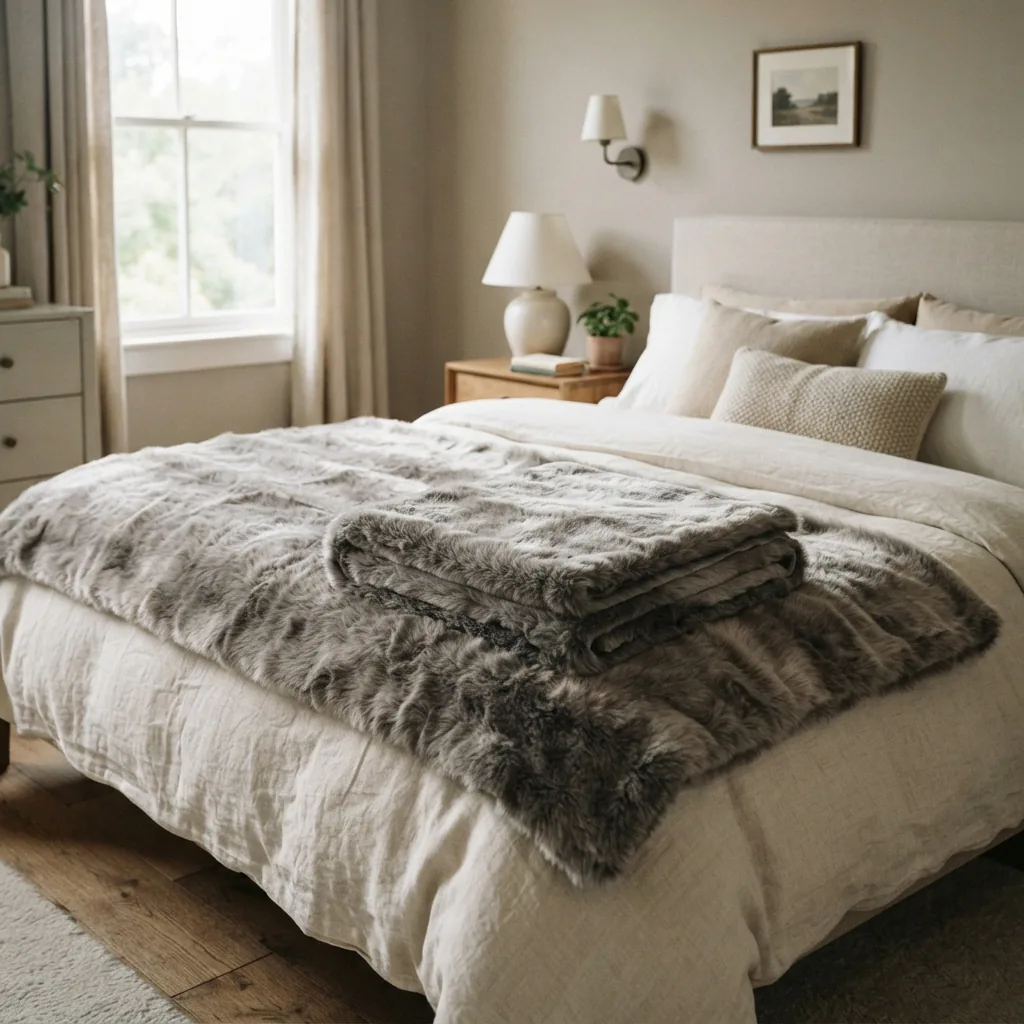 A plush gray faux fur blanket folded on a bed.