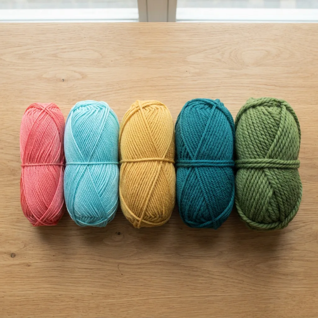 A comparative display of acrylic yarn skeins in different weights, from fine to bulky, laid out on a crafting table.