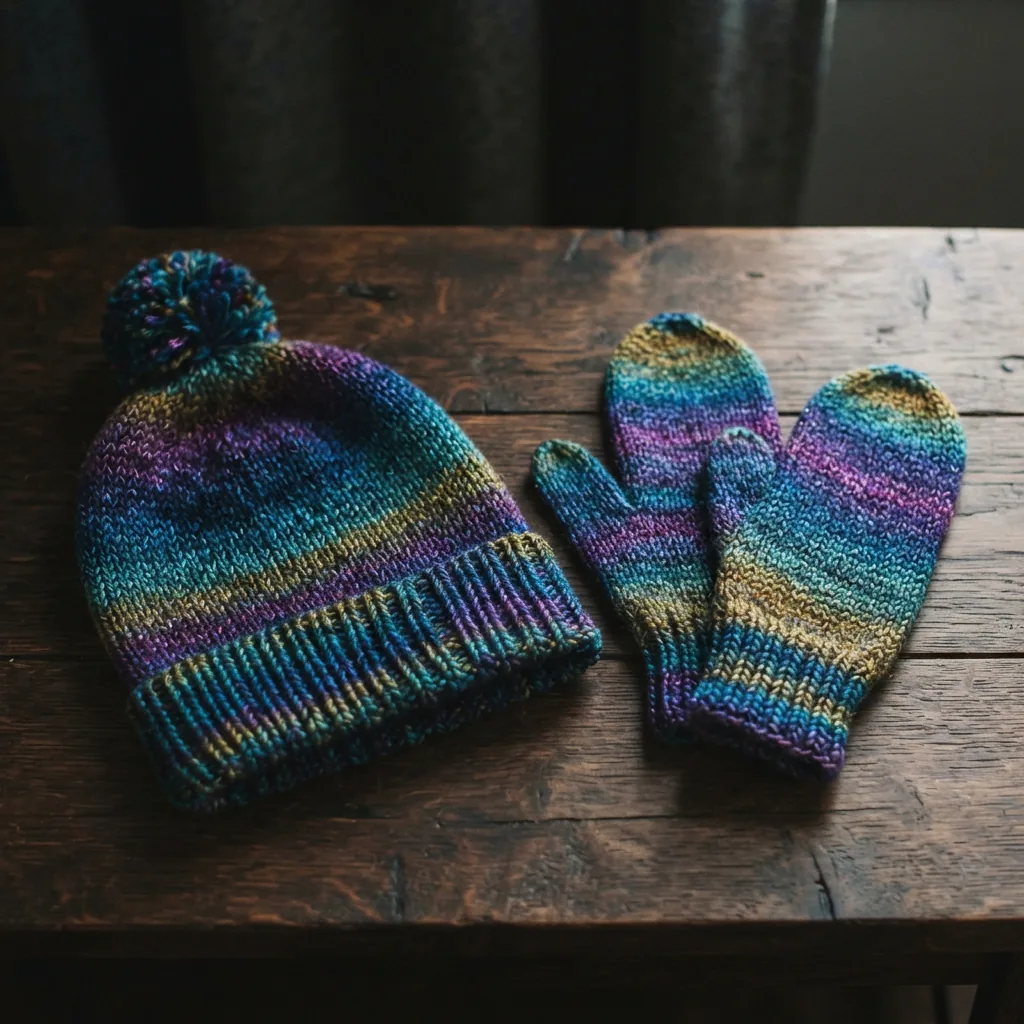 A matching set of hat and mittens made from Facets yarn, displayed on a table.