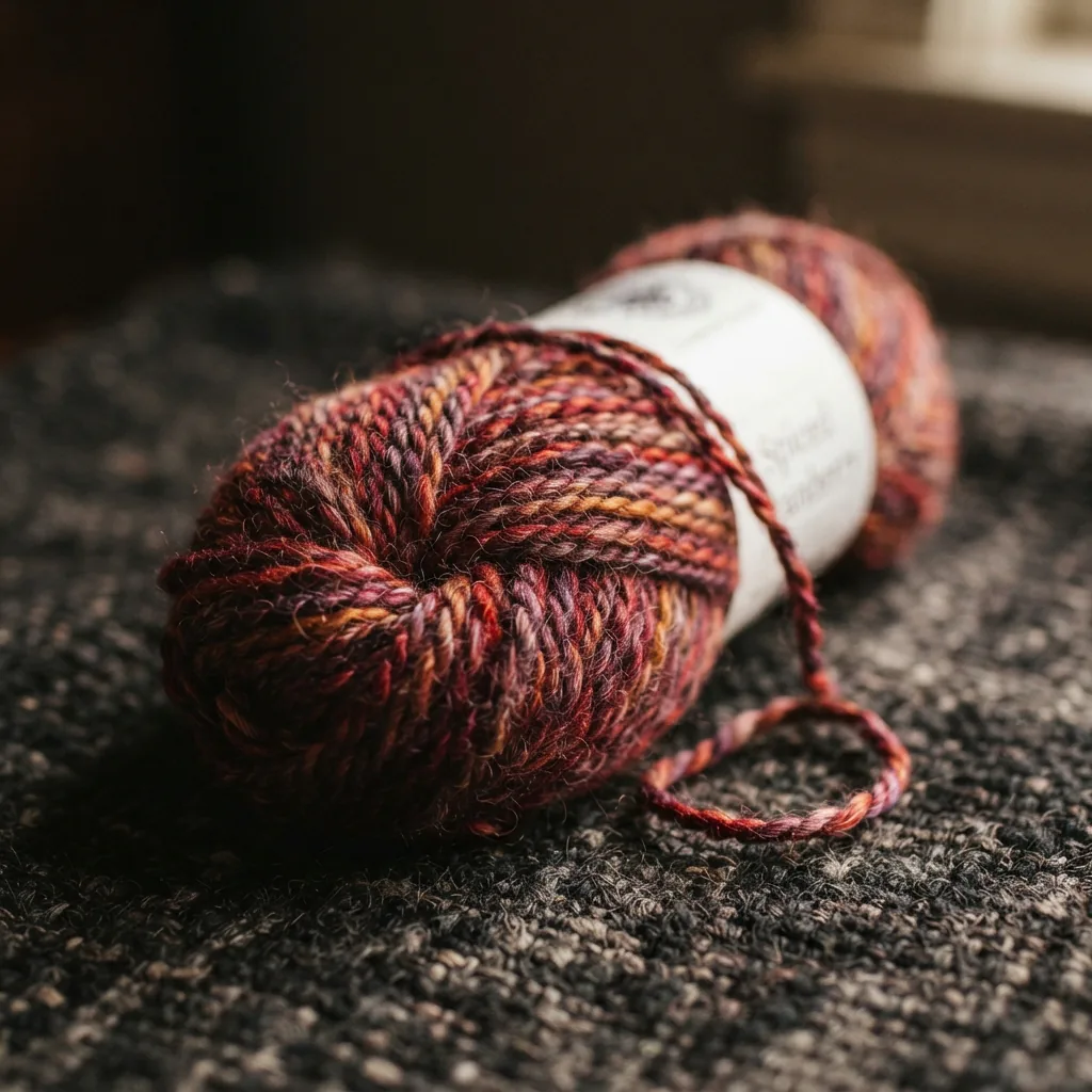 A skein of Loops & Threads Multi Marled yarn in the Spiced Cranberry color blend, shown in a warm setting.