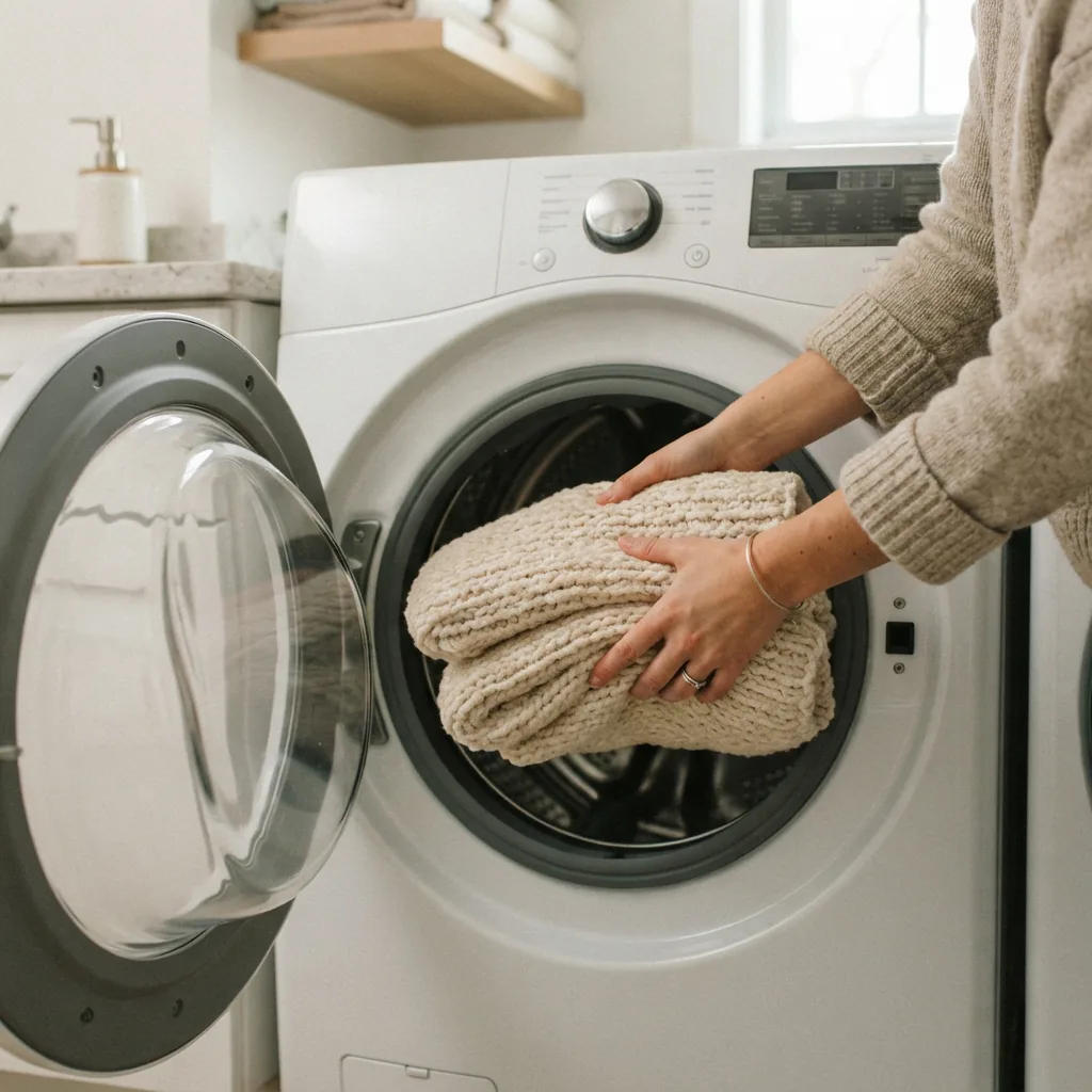 A finished knit item from Soft & Shiny yarn being placed into a washing machine.