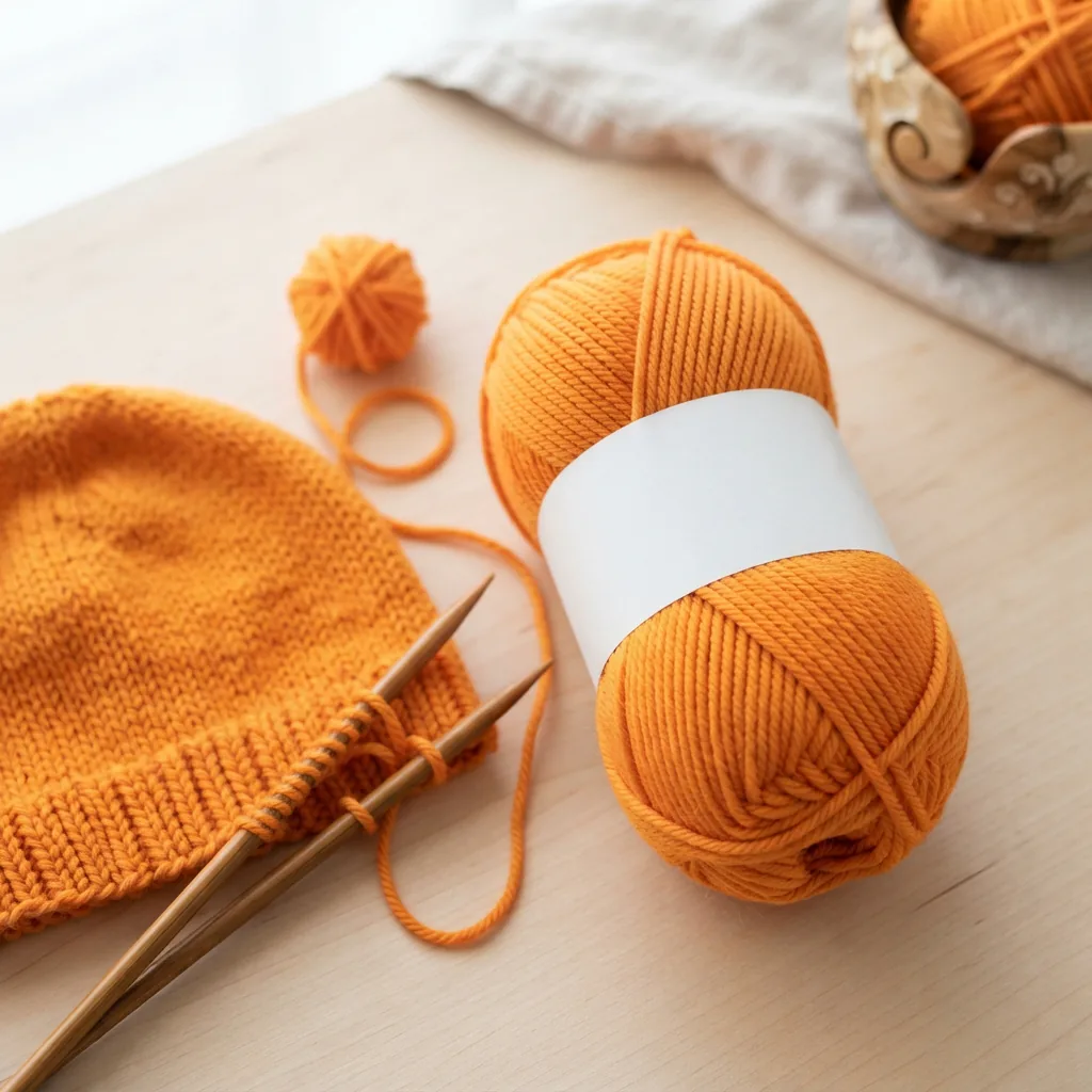 An orange skein of yarn with a partially knitted orange hat and needles.