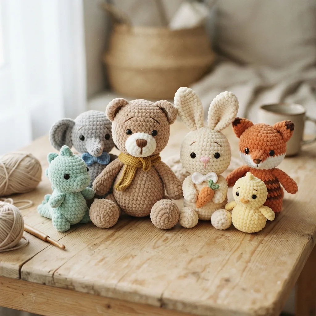 A collection of handmade amigurumi toys crafted from chenille yarn