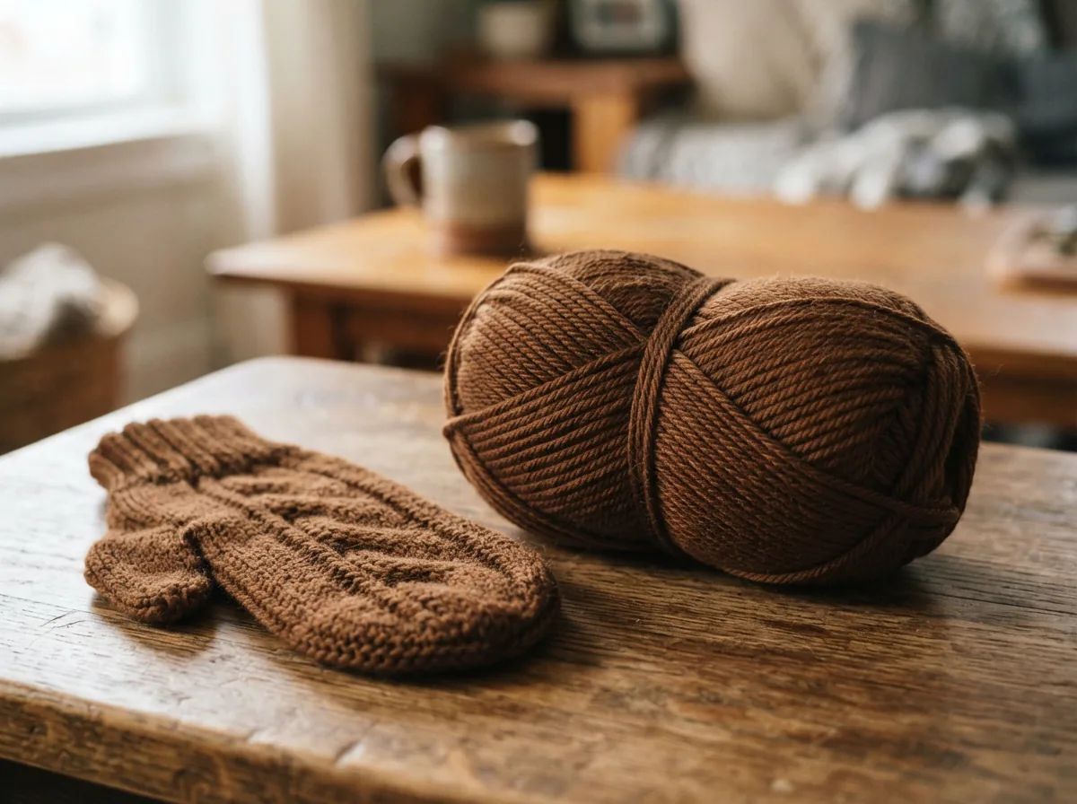 A single skein of brown Luxe Merino yarn displayed prominently with a finished brown knit mitten.