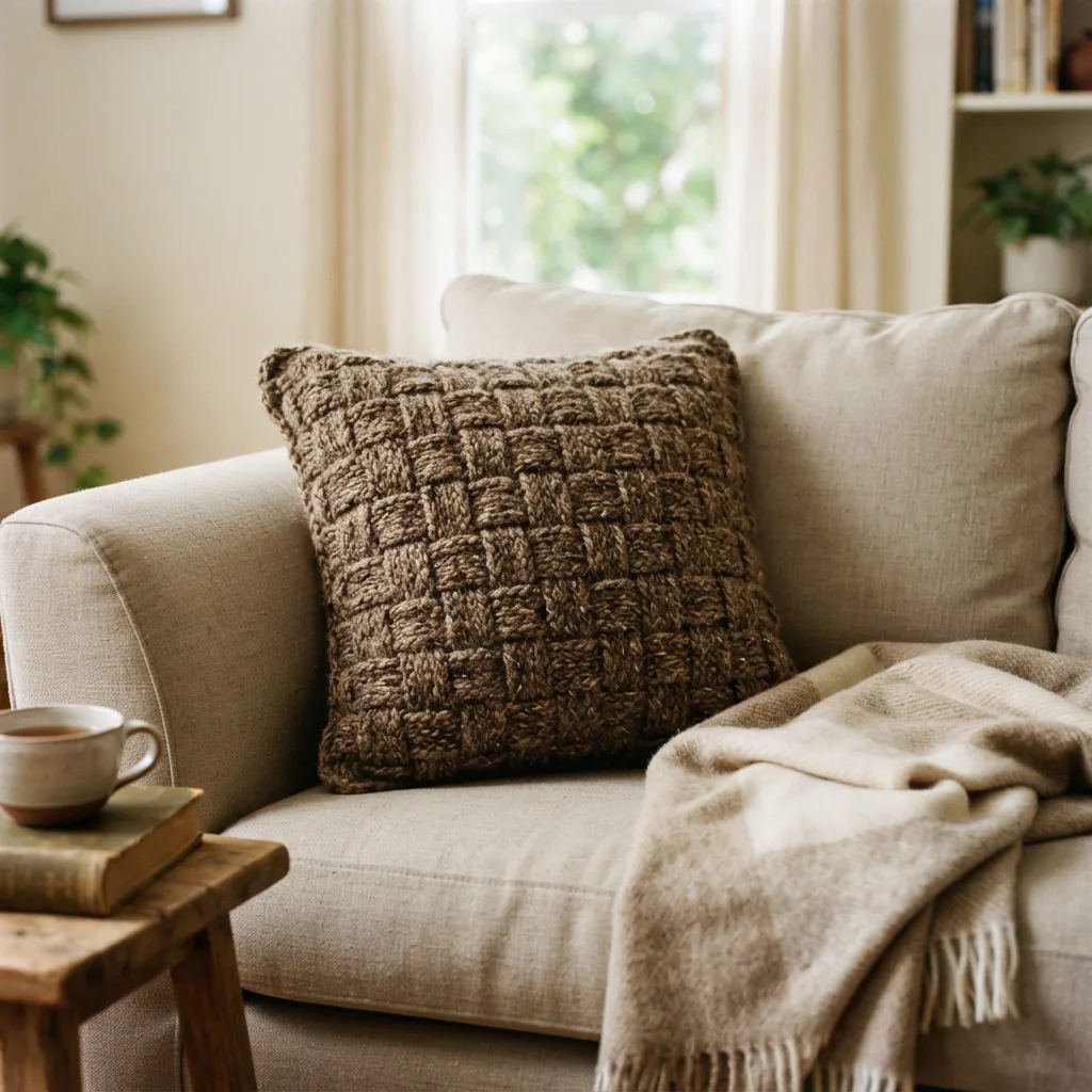 A crocheted throw pillow made with heathered tweed yarn on a sofa.