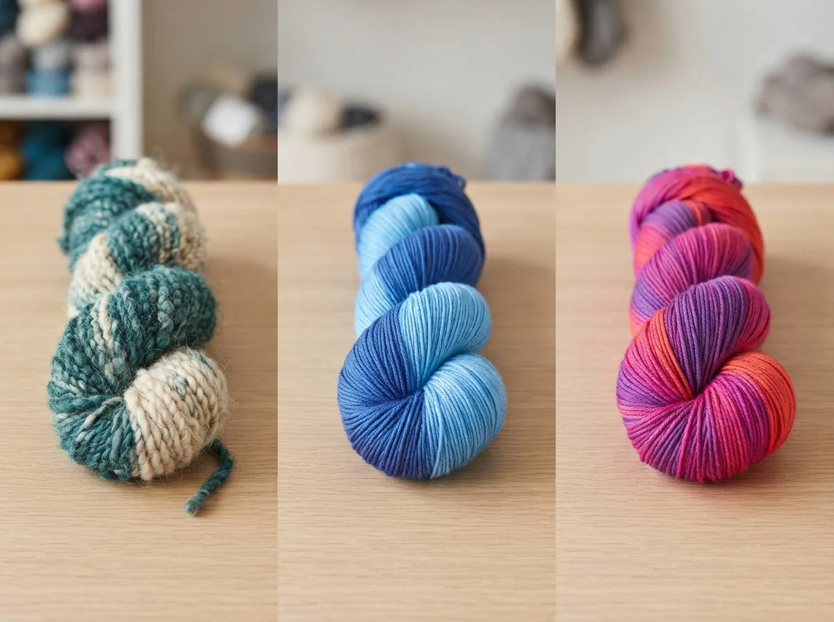 A grid showing three different types of Ombre yarn: a textured one, a smooth one, and a multi-tonal one.