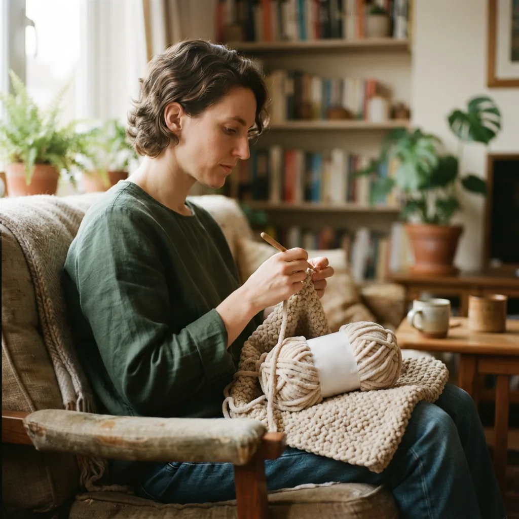 A person of average build, seen from the side, concentrating on a crochet project in their hands.