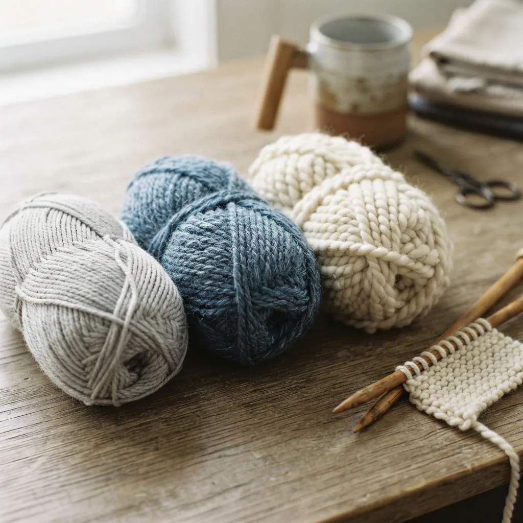 Three balls of yarn in different weights (worsted, bulky, and super bulky) lined up on a craft table with knitting needles.