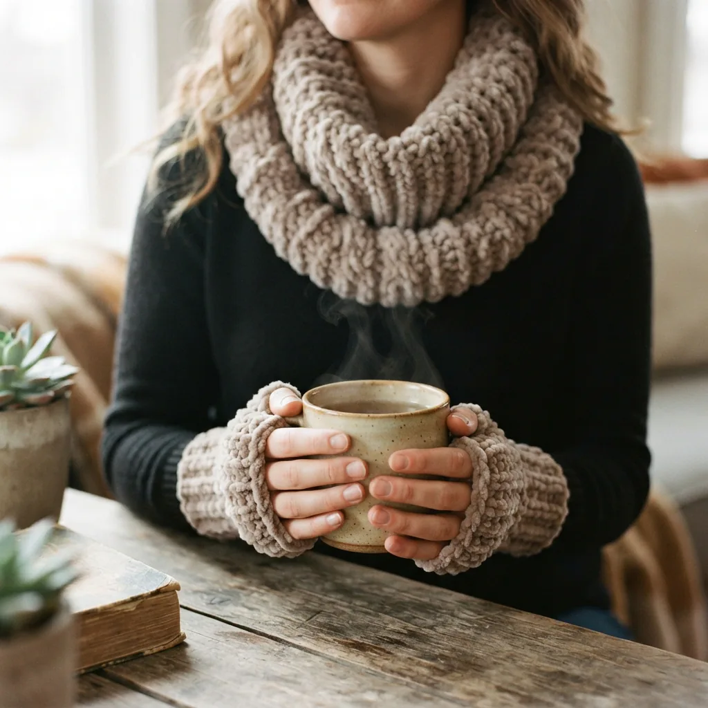 A person wearing a soft, chunky chenille cowl and matching fingerless gloves while holding a mug.