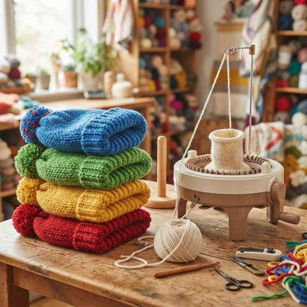 A stack of colorful, hand-knitted hats next to a knitting machine.