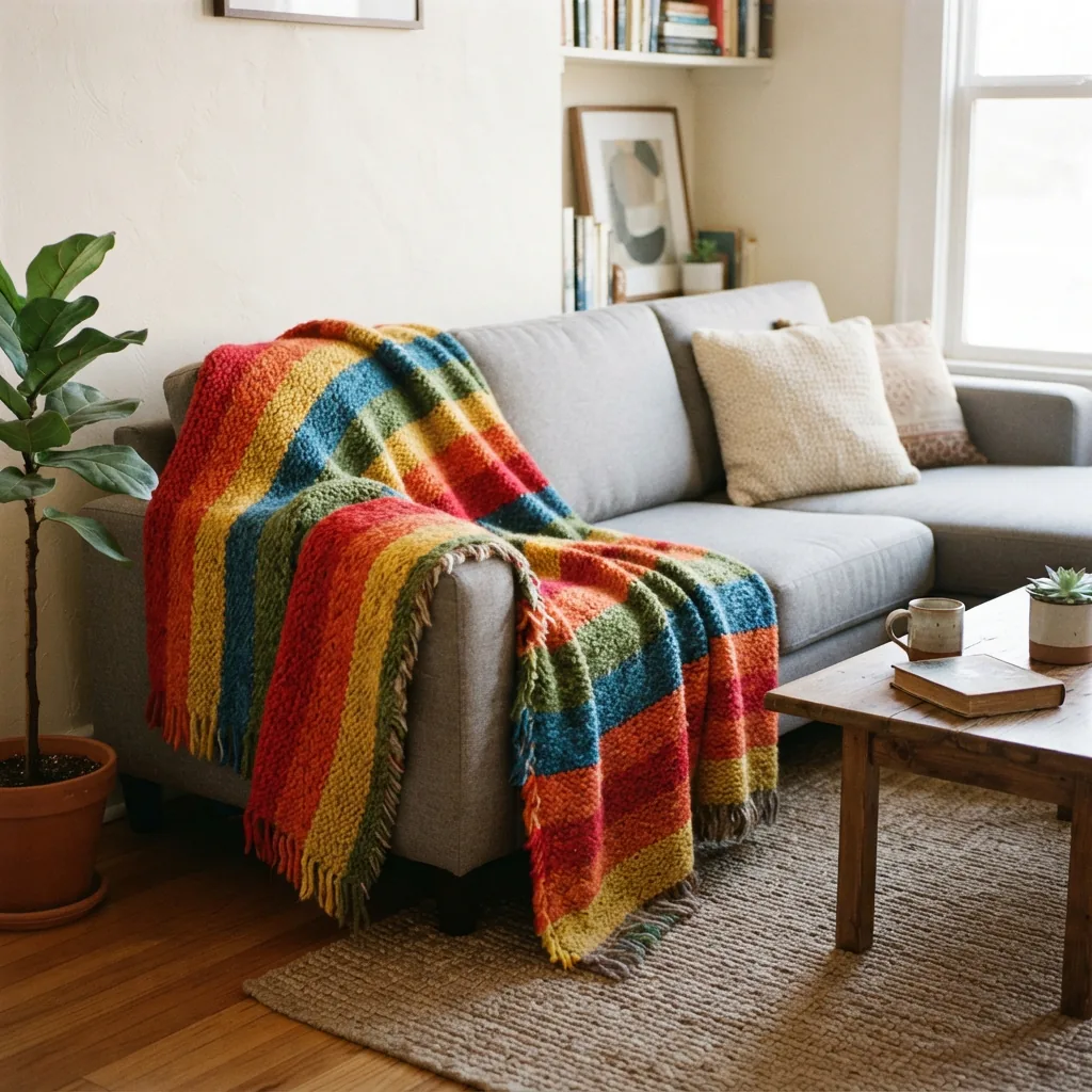 A vibrant, multi-colored striped afghan blanket draped over a sofa, showcasing a wide range of acrylic yarn colors.
