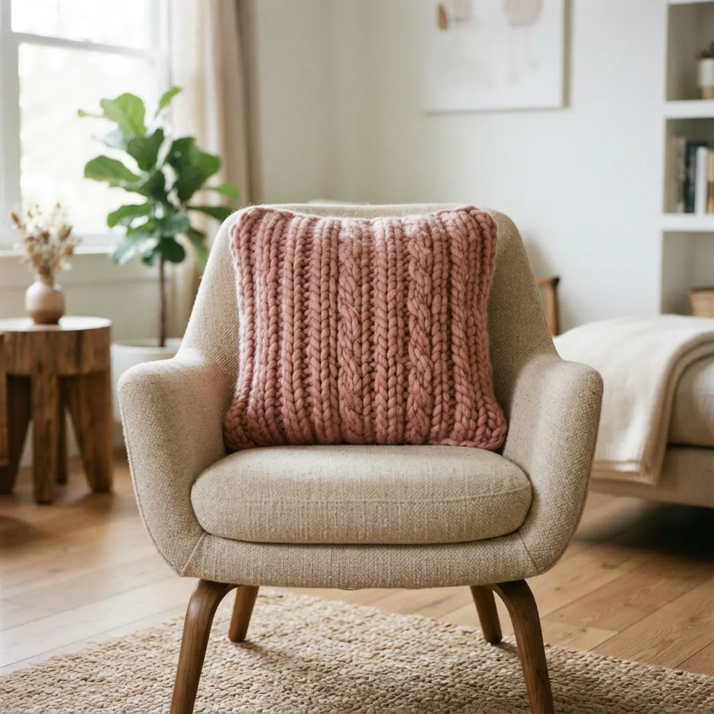 A handmade chunky knit pillow cover on an accent chair.