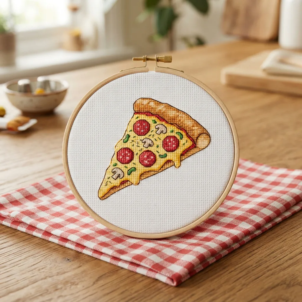 The Pizza counted cross stitch kit by Loops & Threads featuring a stitched pizza slice.