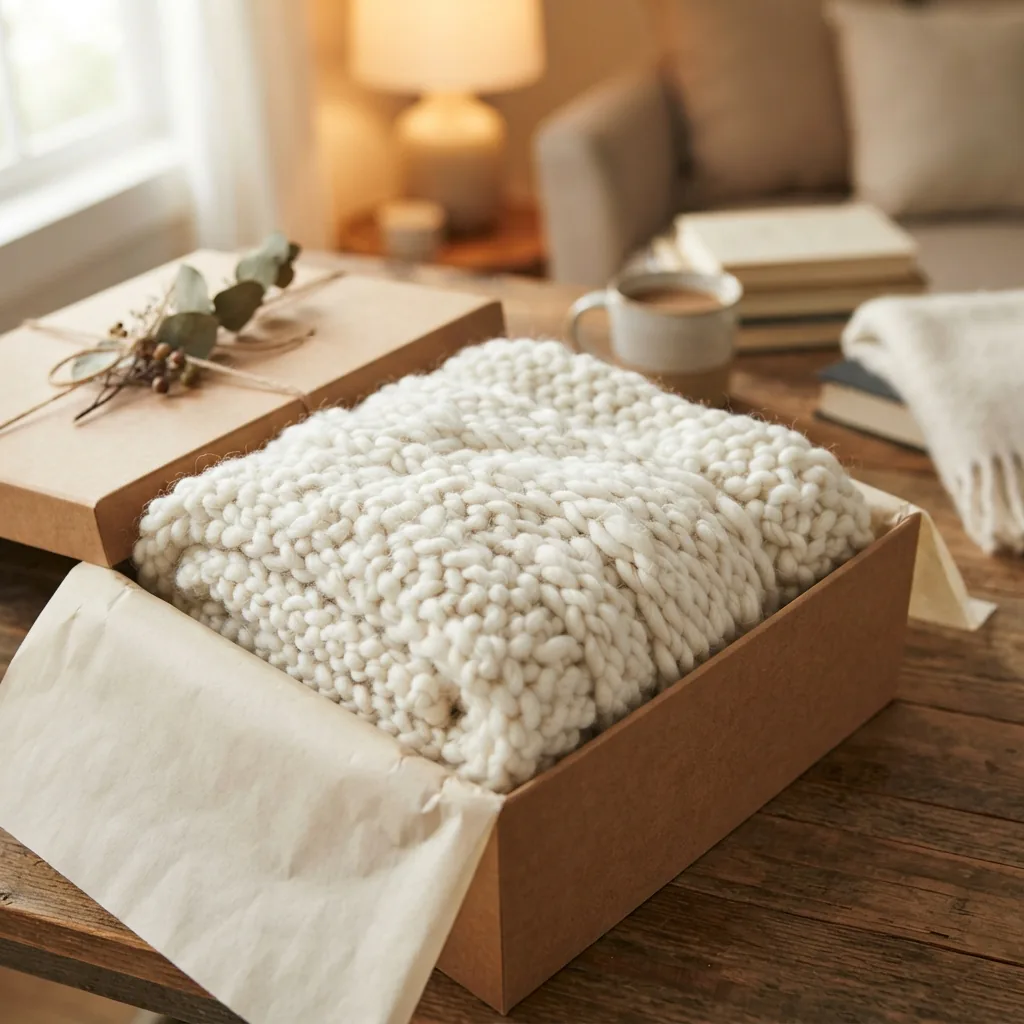 A gift box containing a folded, chunky white scarf made from the Free Spirit yarn.