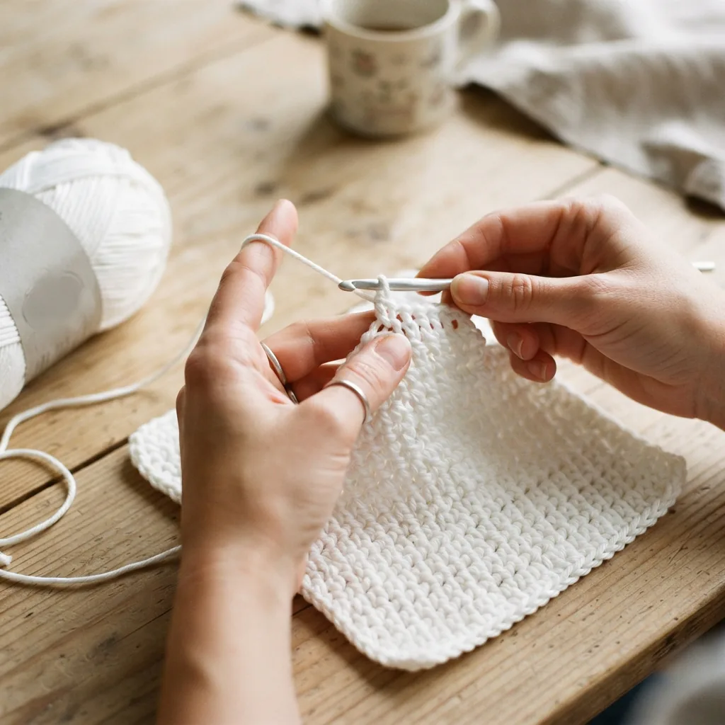 Close-up of hands crocheting with a ball of white 100% cotton yarn, showing the clean stitch definition.