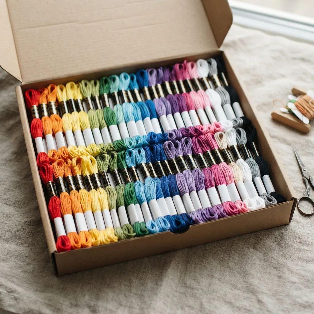 An open value pack box displaying rows of multi-colored embroidery floss skeins.