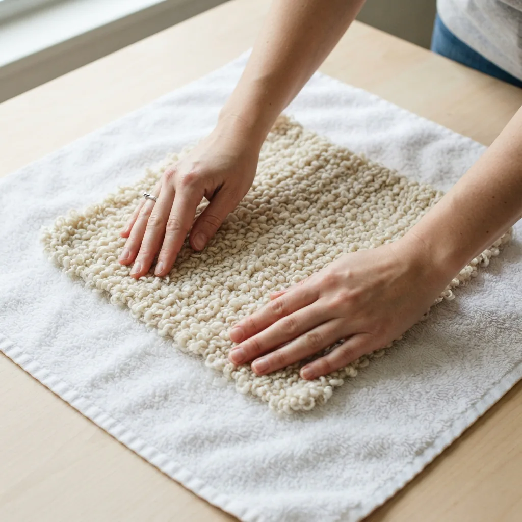 A wet knitted item laid flat on a white towel to air dry after washing.