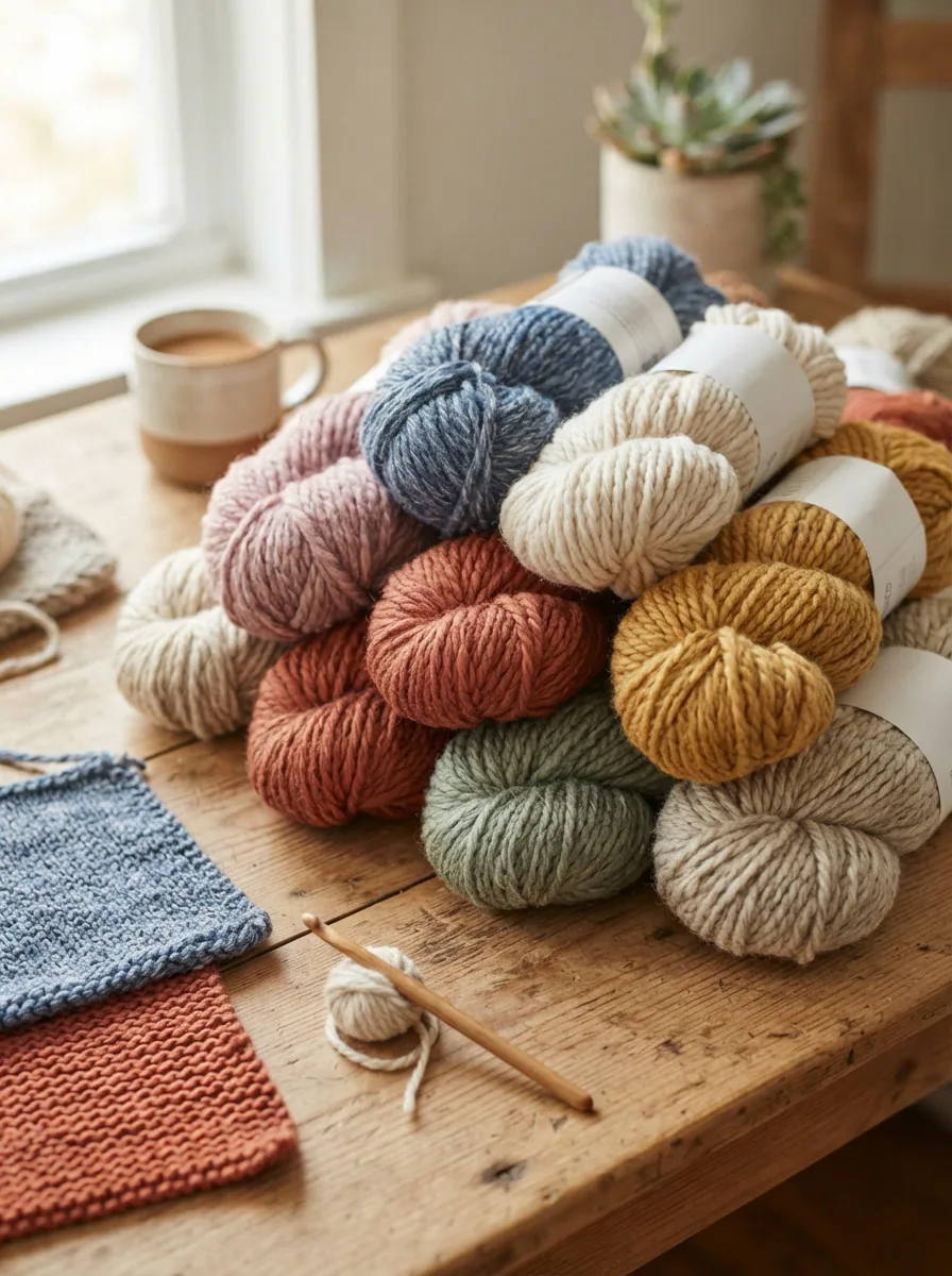 A variety of colorful Loops & Threads chunky yarn skeins arranged together.