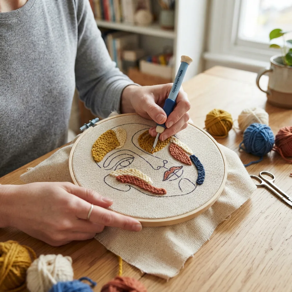 A beginner crafter's hands carefully following the pre-printed pattern on a punch needle kit fabric.