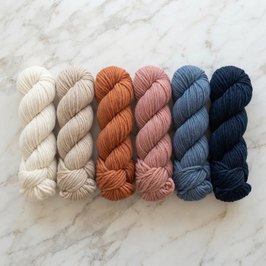 A flat lay arrangement of multiple colorful chunky yarn skeins in a gradient pattern.