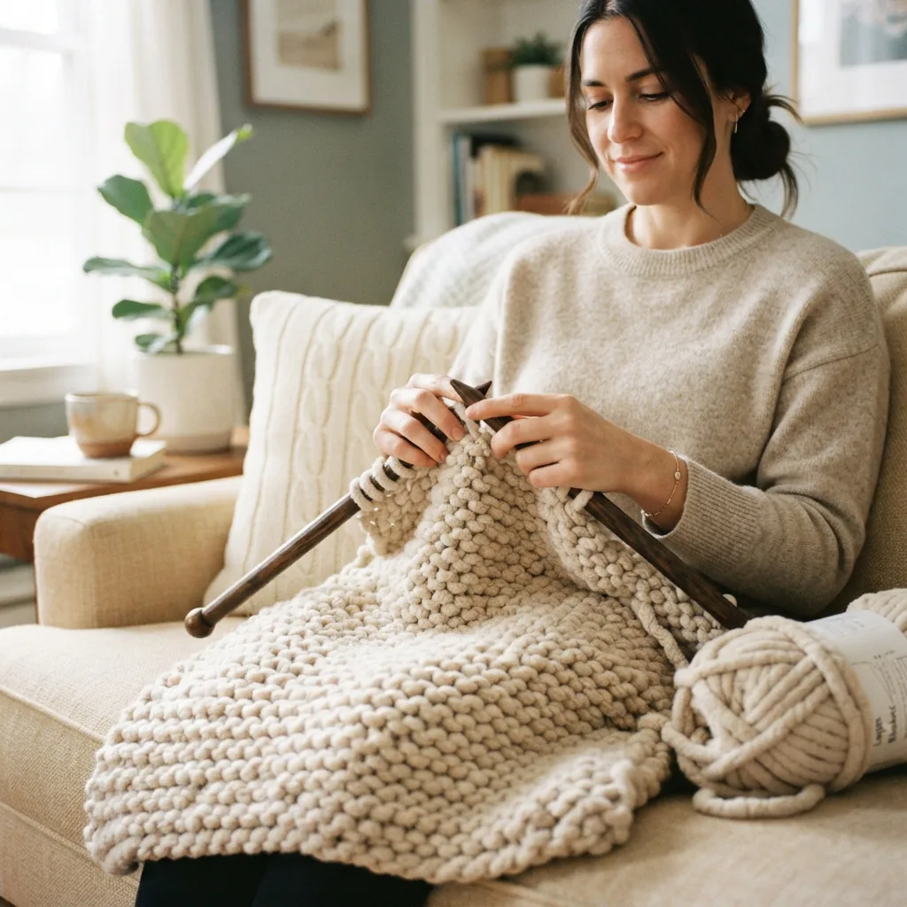 A person relaxing on a couch, knitting with the bulky yarn.